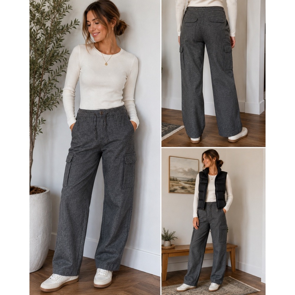 Eddie Bauer Womens Grey Wool Blend Wide Leg Cargo Pants Drawstring Waist Size 4